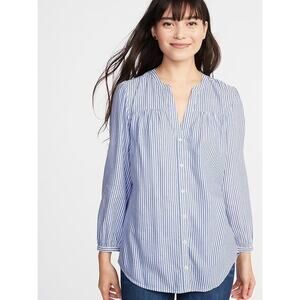 Old Navy Stripe Shirred Tunic Button Up Blouse Size Medium Nautical Coastal